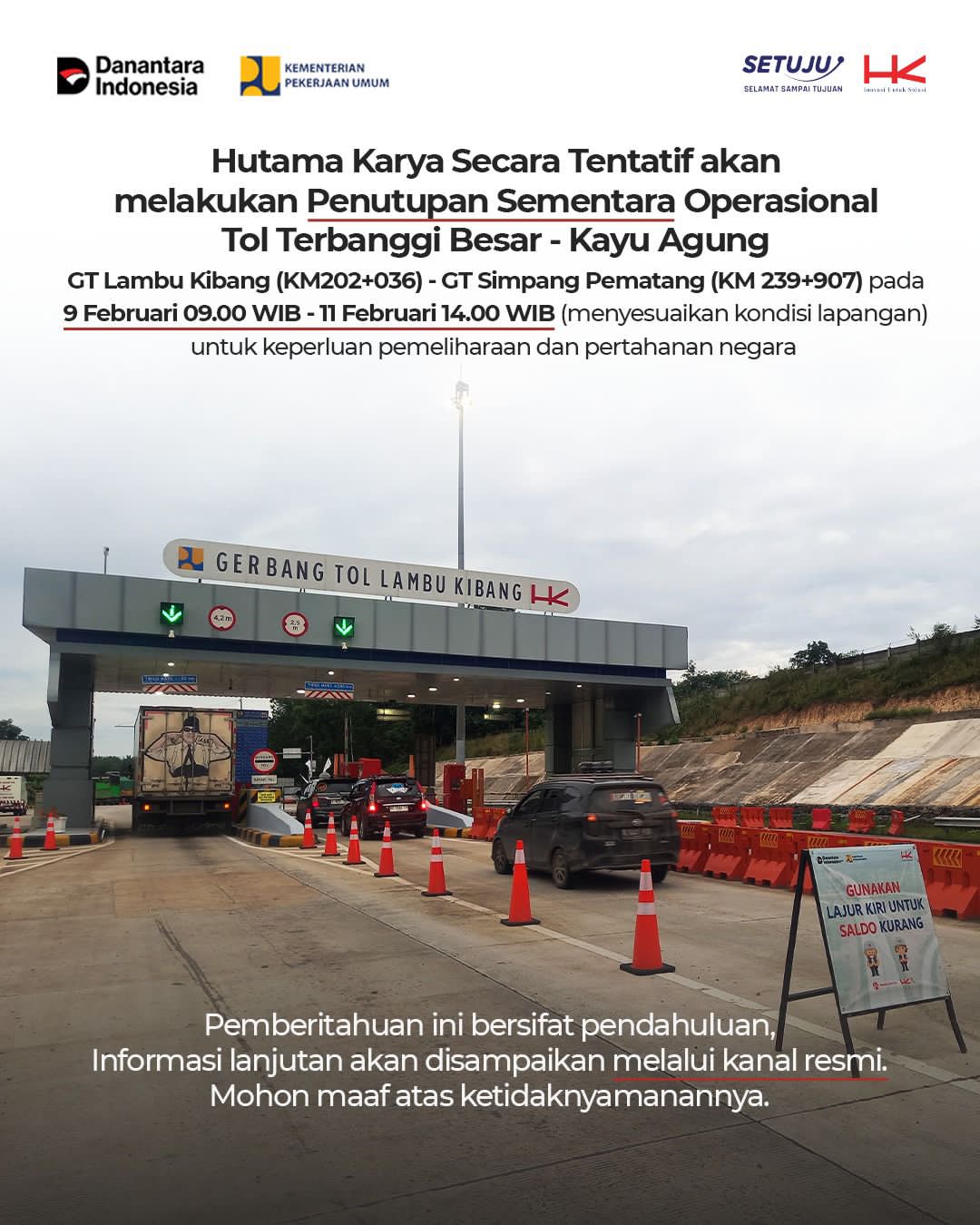 Tentatif  Tol  Terbanggi Besar – Pematang Panggang – Kayu Agung Dua Hari Ditutup 