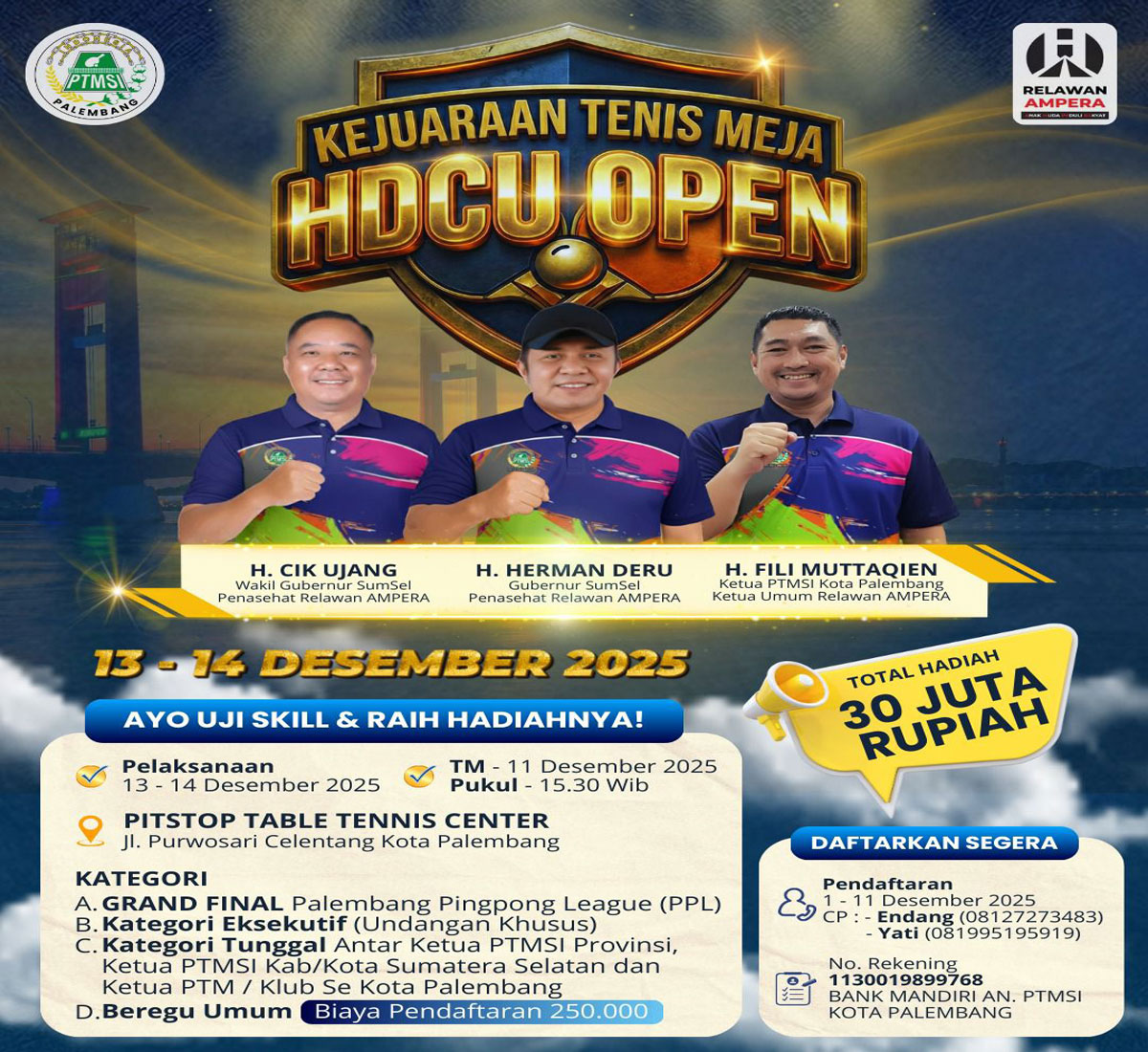 Turnamen Tenis Meja HDCU Open 2025, Jambi-Lampung Telah Daftar
