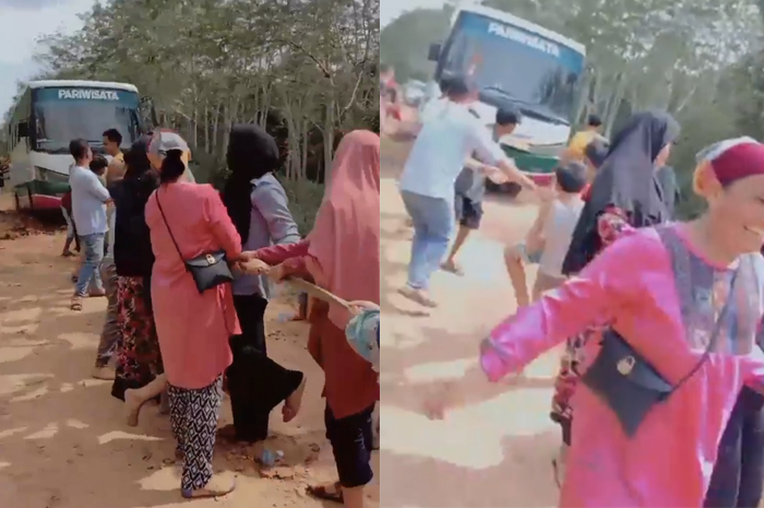 Wow! Emak-Emak di Ogan Ilir Tarik Bus yang Terjebak Jalan Rusak dan Berlumpur, Videonya Viral