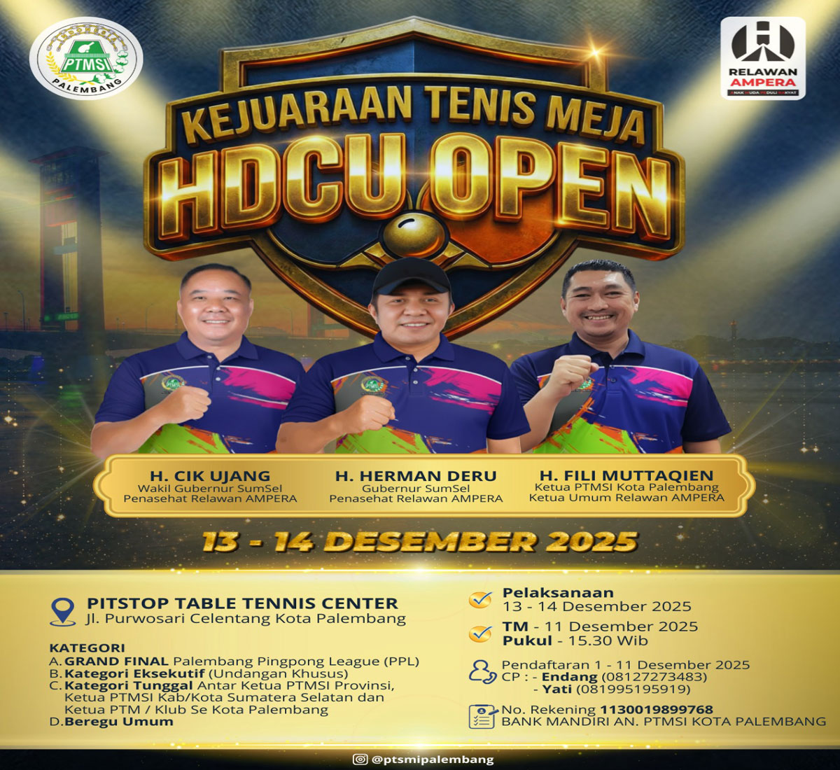 Turnamen Tenis Meja HDCU Open 2025, Jambi-Lampung Telah Daftar