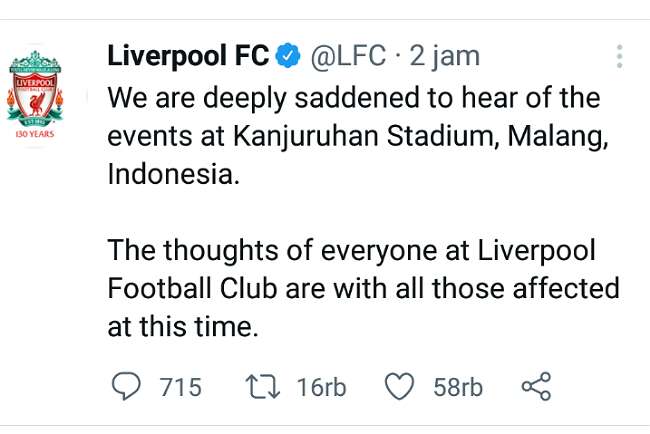 Liverpool Sangat Berduka Mendengar Kejadian di Stadion Kanjuruhan: 'Doa dari Semua Orang di Liverpool FC'