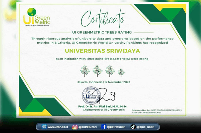 Unsri Raih Penghargaan GreenMetric World University Ranking