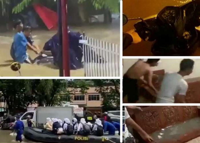 Motor Nyaris Terseret Banjir Palembang, Sekolah Diliburkan, Siswa Gembira Naik Perahu Karet Polisi
